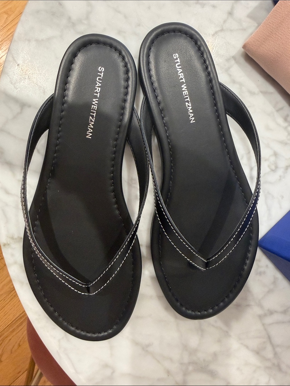 Stuart Weitzman Black Leather Thong Sandals
